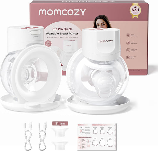 Momcozy S12 Pro Quick Borstkolf, Draadloze Handsfree Draagbare Elektrische Borstkolf, DoubleFit™ Hybride Tuit, 3 Standen & 9 Niveaus, Draagbare Pomp met Slim Scherm, 2 Stuk, Wit