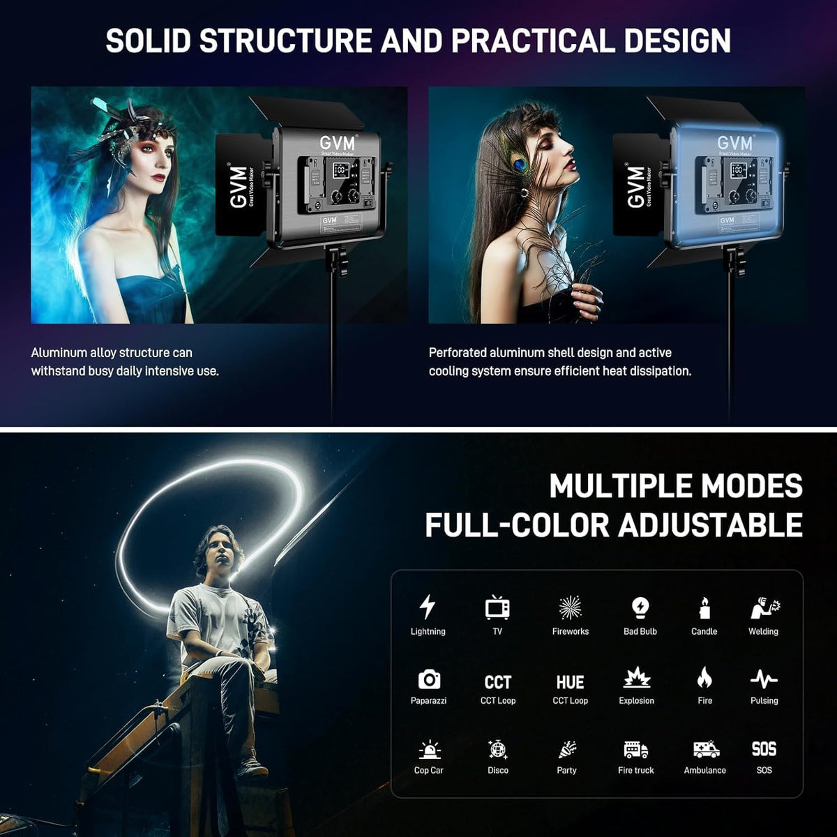 GVM Led-videolamp met statief, verpakking van 2 stuks, 680RS 50W RGB fotolicht, studiolichtpaneel met app-bediening, 3200K-5600K 8500Lux/0,5 m videolamp voor films, foto, studio, YouTube Streaming