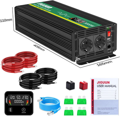 JIGUUN 3000W/6000W omvormer 12v naar 230v zuivere sinus Converter power inverter met afstandsbediening LCD-scherm 2 Eu-stopcontact & 1 USB-poort voor auto, camping, reizen,noodgeval