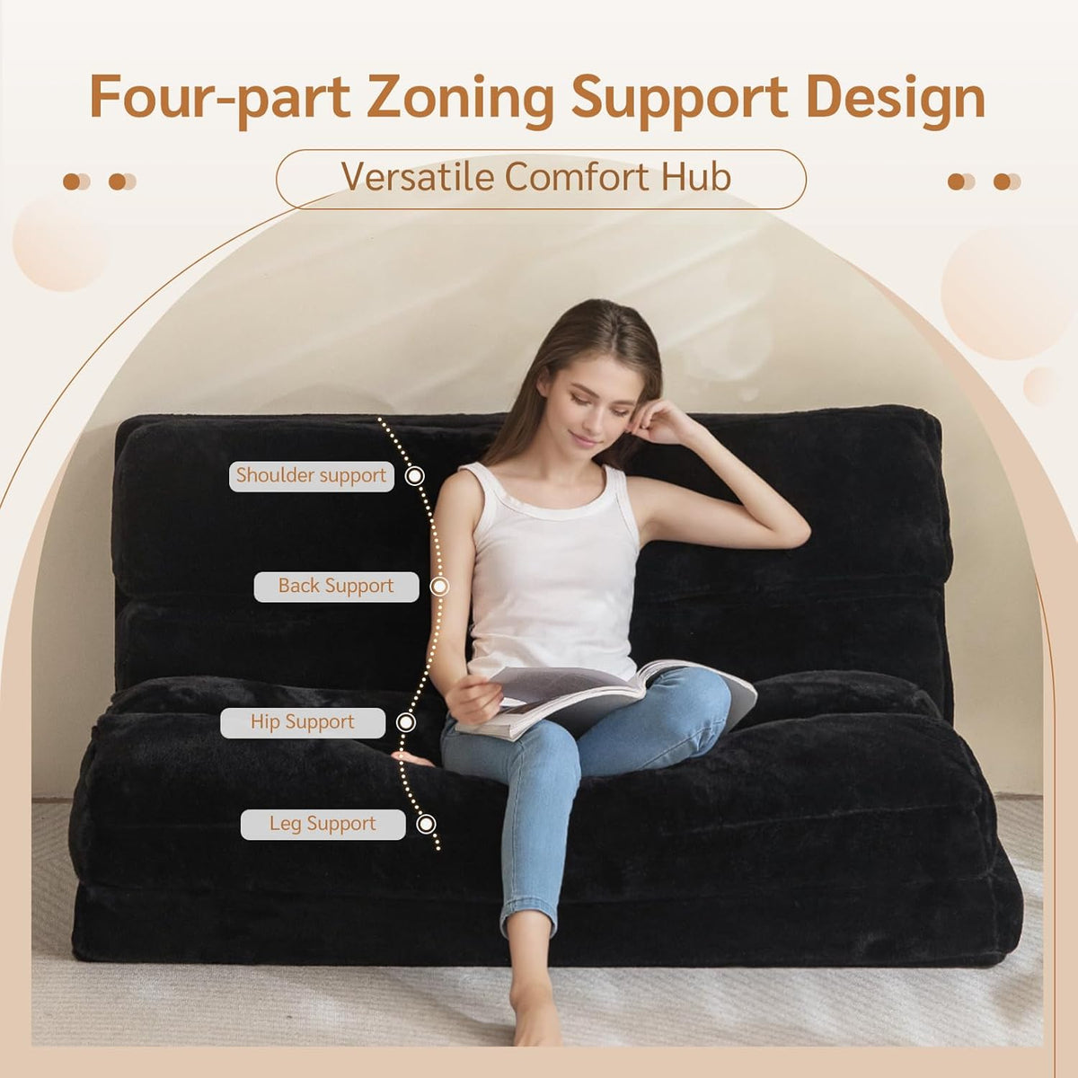 MAXYOYO Bean Bag Bed Foldable Sofa Bed Floor Mattress for Adults, Extra Thick 6 Fold Floor Sofa Floor Sofa for Bedroom Living Room, Black, 75x240cm