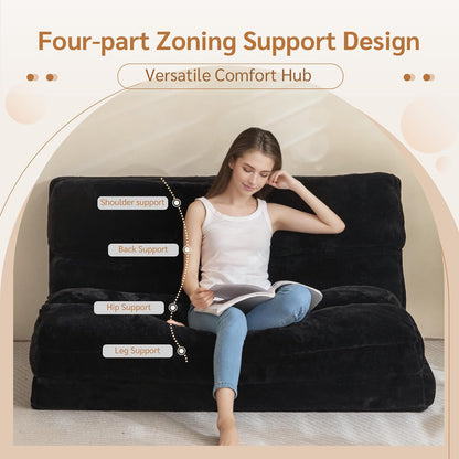 MAXYOYO Bean Bag Bed Foldable Sofa Bed Floor Mattress for Adults, Extra Thick 6 Fold Floor Sofa Floor Sofa for Bedroom Living Room, Black, 75x240cm