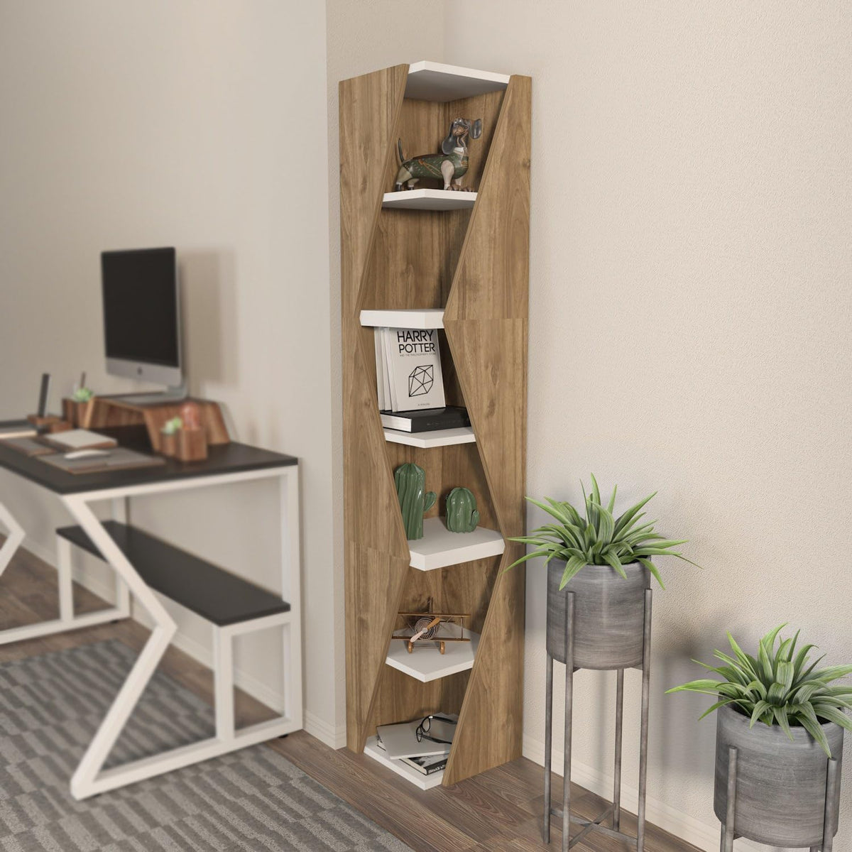 Elegant Walnoot & White Bookshelf, 165 cm hoogte, 31,8 cm breedte, 100% melamine gecoat deelbord, 18 mm dik, stijlvolle opslag voor moderne woningen