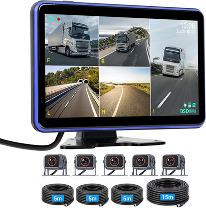 Achteruitrijcamera, set van 5 camera's, 10,1 inch, IPS HD-monitor, IP68 waterdicht, nachtzicht, BSD, loop-video, DVR, USB, full-colour achtercamera voor vrachtwagen, campers, aanhanger, bus