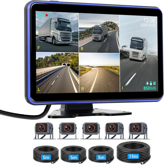 Achteruitrijcamera, set van 5 camera's, 10,1 inch, IPS HD-monitor, IP68 waterdicht, nachtzicht, BSD, loop-video, DVR, USB, full-colour achtercamera voor vrachtwagen, campers, aanhanger, bus