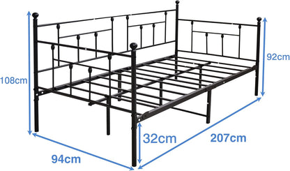 Dagbed, bedframe, 90 x 200 cm, eenpersoonsbed, slaapbank met lattenbodem, voor logeerkamer, tienerbed, metalen bed, dagbed, bedframe voor slaapkamer en woonkamer, zwart