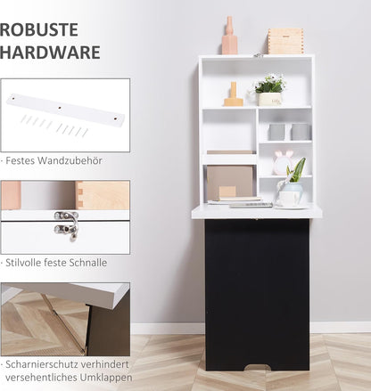 Muurtafel – Wandtafel – Klaptafel – Bureau – Eettafel – Met Whiteboard – Ruimtebesparend Design – MDF Wit 88,5x60x146,5 cm