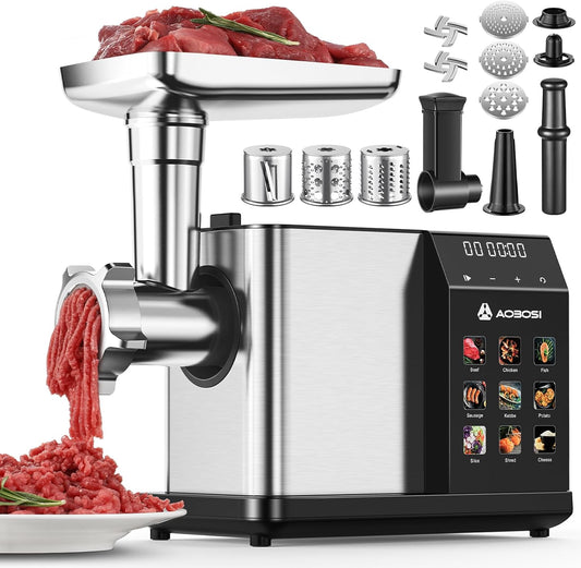 AAOBOSI Elektrische vleesmincer [3000W Max] met LED-display - 9 instelbare snelheden, inclusief snijaccessoires, worstvulling en Kibbe-maker - Ingebouwde opslagbox voor thuisgebruik