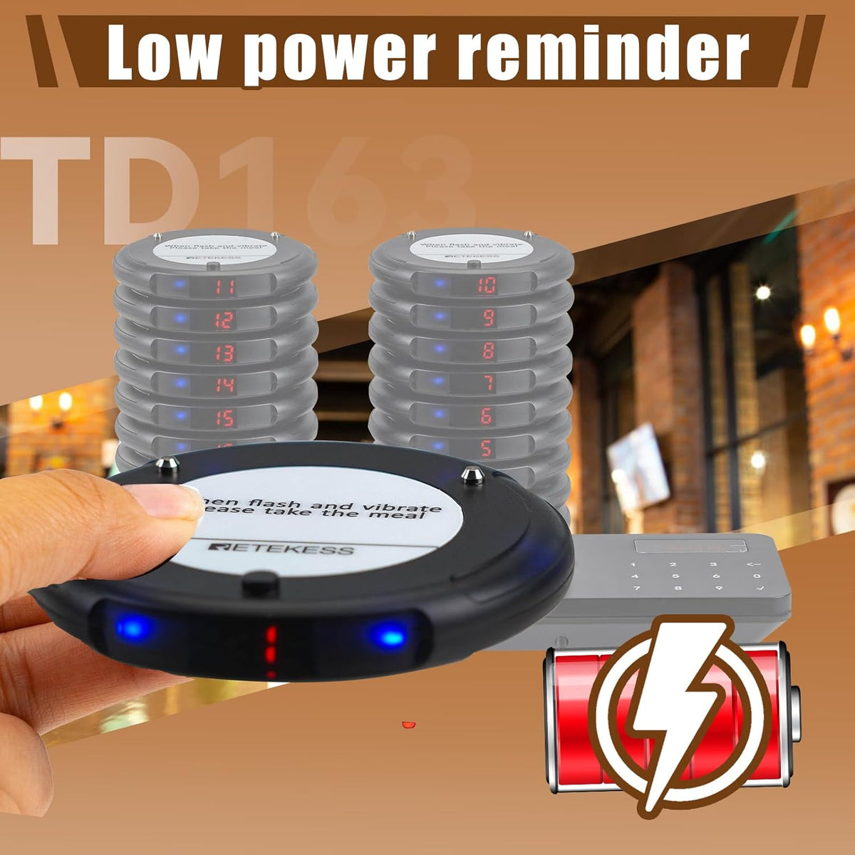 Retekess TD163 Oproepsysteem Restaurant, 20 Pagers, 400M, Blauw LED Licht, 31 Oproepmodi, 20H Standby, Touchscreen Toetsenbord, Semafoonsysteem voor Restaurant, Hotel, Bar