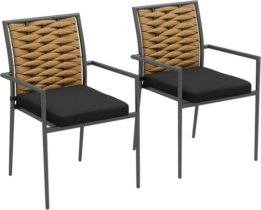 Outsunny 2 Piece Rattan Garden Chair Set with Cushions, Stackable Garden Chair, Balcony Chair for Terrace, Steel, 57 x 58 x 87 cm, Black - QUORE