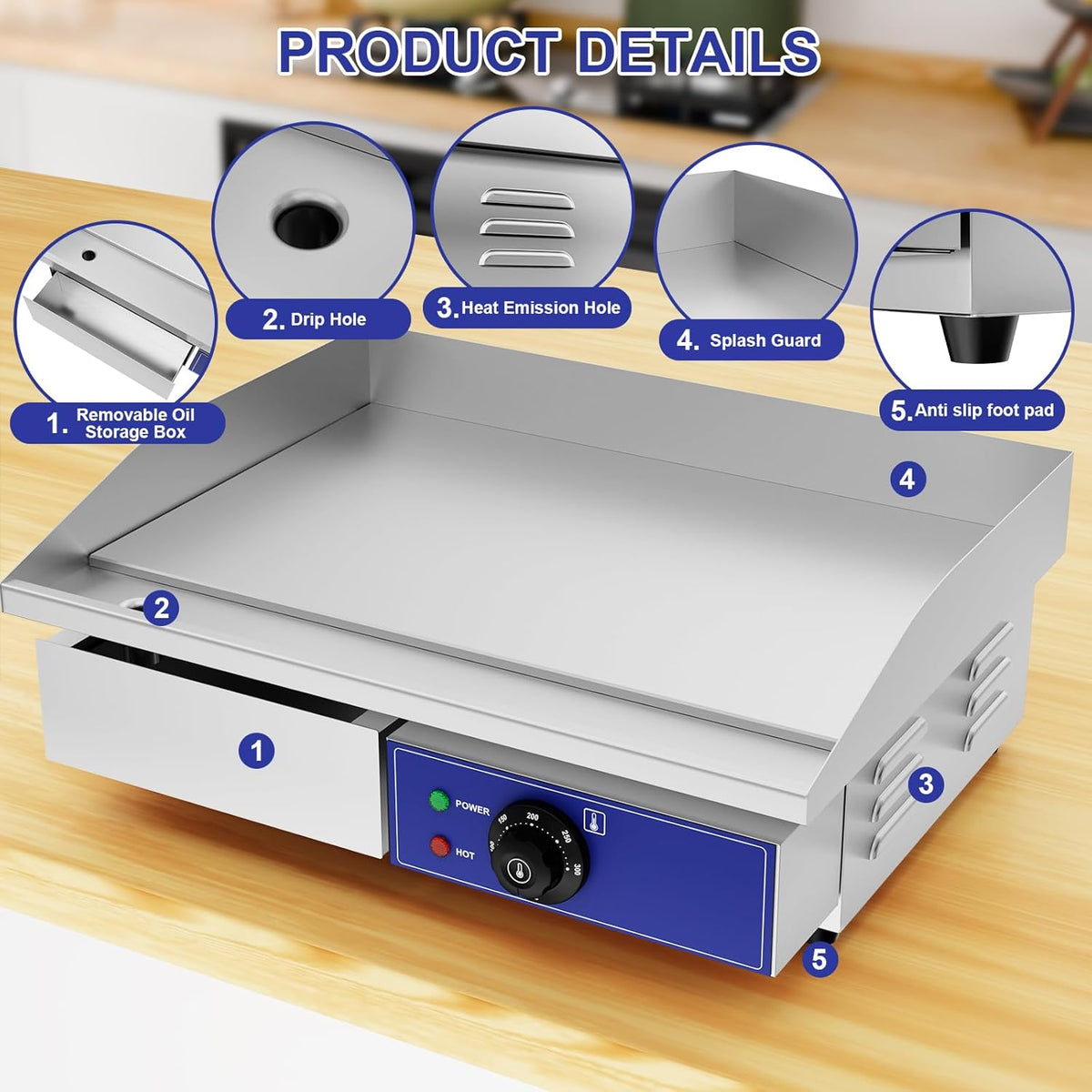 TAIMIKO Professionele elektrische grillplaat, 55 x 35,5 cm, gladde kookplaat, 2 kookzones, 3000 W, commercieel, BBQ-grillplaat, roestvrij staal, opzetbare grill met thermostaat en afneembare sapschaal