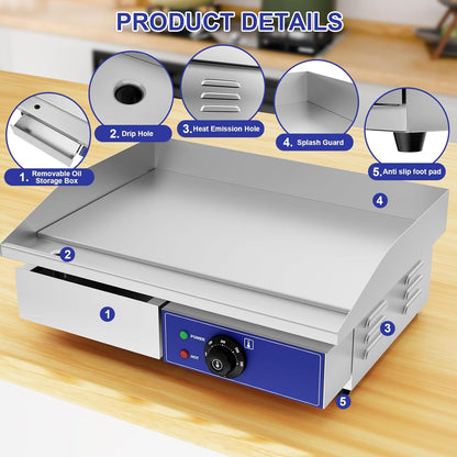 TAIMIKO Professionele elektrische grillplaat, 55 x 35,5 cm, gladde kookplaat, 2 kookzones, 3000 W, commercieel, BBQ-grillplaat, roestvrij staal, opzetbare grill met thermostaat en afneembare sapschaal