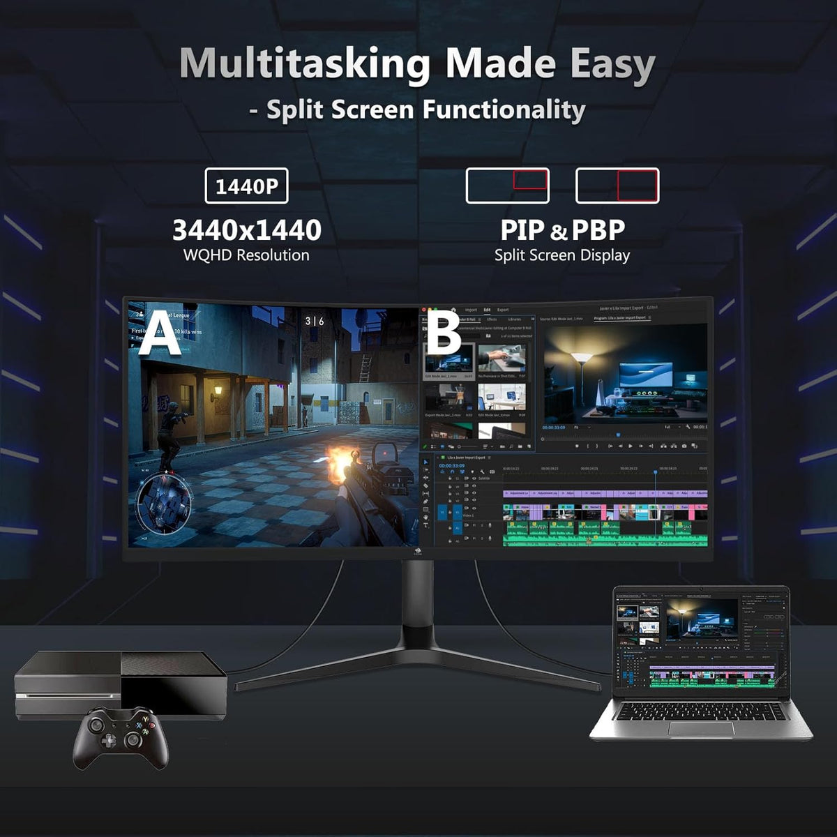 Z-Edge Gaming Monitor Curved 34'', 165Hz, UWQHD(3440x1440), 1ms MPRT, Height & Incline Adjustable, 21:9 with DP Cable, FreeSync, 1500R VA, 300cd/m², 2*HDMI2.0 & 2*DP1.4, RGB, VESA 3.937 * 3.937 * 3.9 937 in