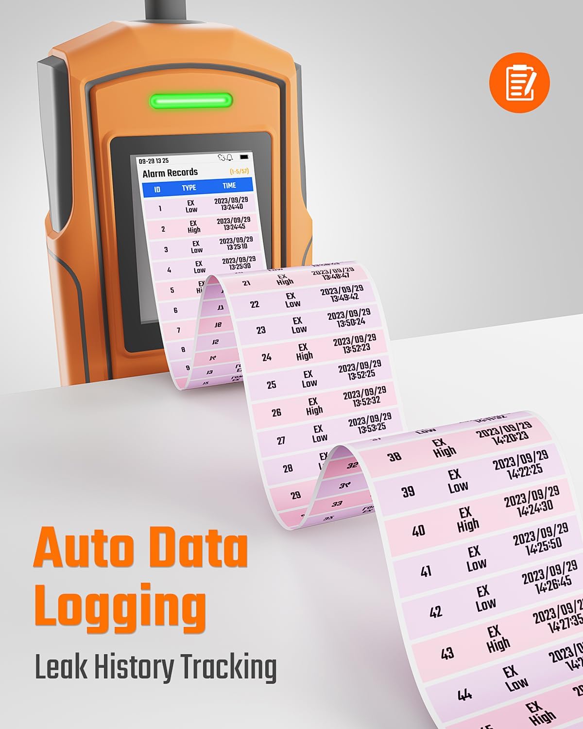 TopTes PT-990 Oplaadbare gaslekdetector met 28 cm flexibele sonde, detectiebereik 0-10.000 ppm, gegevensregistratie en 3 alarmsoorten, gasmelder voor propaan, methaan voor industrie, oranje