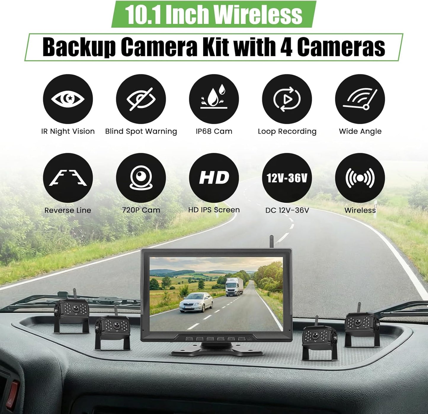 Digitale draadloze achteruitrijcamera, 4 camera's, 10,1 inch IPS HD achteruitrijmonitor met gedeeld scherm met opnamefunctie, nachtzicht, DVR-monitor & IP68 waterdichte aanhanger/vrachtwagen/camper