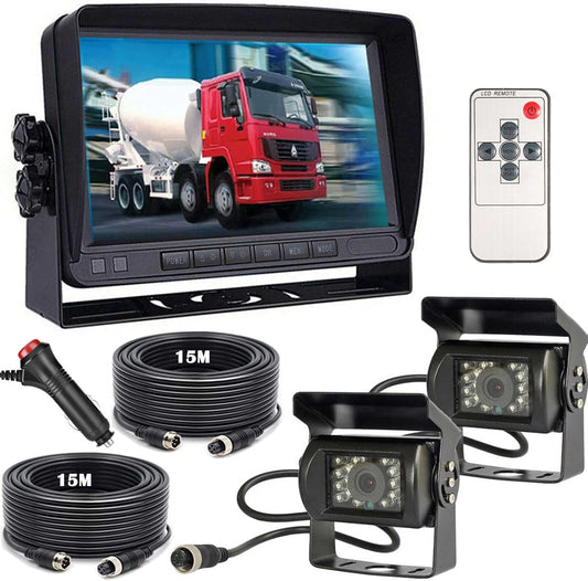 12 V-24 V 4-pins auto-achteruitrijcamerasysteem voor campers Bus Aanhangwagen Vrachtwagen Vrachtwagen Caravan, 7 "TFT LCD HD-kleurenautomonitor met 2 18-leds Nachtzicht Waterdichte achteruitrijcamera
