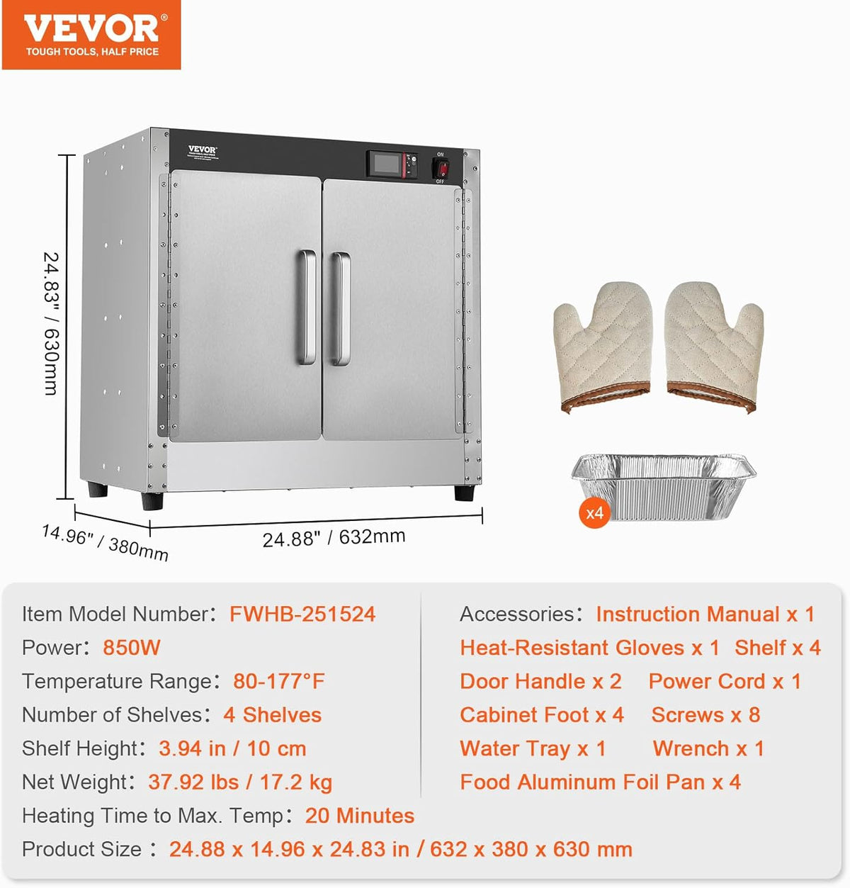 VEVOR Voedselwarmer, 4-traps snackverwarmer met waterbak, 4 pannen en dubbele deur en verstelbare planken, voedselverwarmingskast van roestvrij staal, ideaal voor het opbergen van pizza en kip