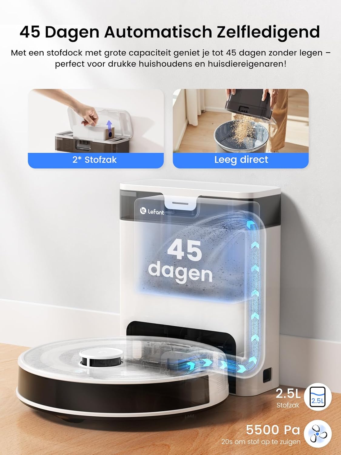 Lefant M2 Pro Robotstofzuiger en Dweilrobot met 5500Pa Zuigkracht en Automatisch Leegstation, Laser Navigatie met Kaartfunctie, Gepersonaliseerde Reiniging, Obstakeldetectie, Ideaal voor Dierenharen