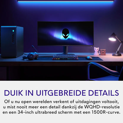 Alienware 34 Gaming Monitor - AW3425DWM, WQHD (3440x1440), 21:9 1500R Gebogen, 180Hz, VA, 1ms, AMD FreeSync Premium, VESA AdaptiveSync, 95% DCI-P3, HDR400, DisplayPort, 2 HDMI, 3 USB, 3 Jaar Garantie