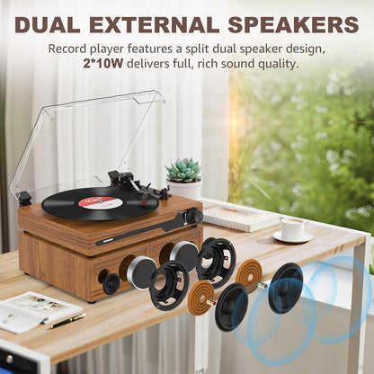 Platenspeler - Geïntegreerde Luidsprekers - Vintage Fonograaf - met Bluetooth 5.3 Ondersteunt - 2 Dubbele Stereoluidsprekers - 3 Snelheden - AUX - RCA - USB - Draadloos Afspelen - Hout - Goud