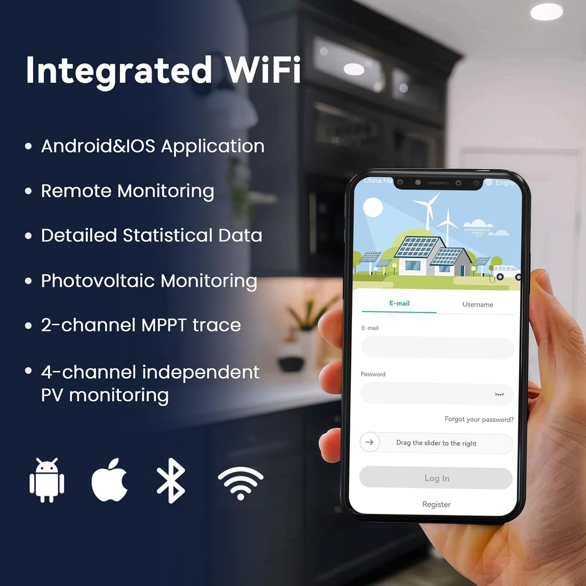 RC Micro-omvormer 2000W voor balkon-energiecentrale, 26-60V DC ingang per kanaal, 99,8% MPPT-omvormer, ondersteunt WiFi & Bluetooth, app voor externe monitoring, IP67, 0% BTW