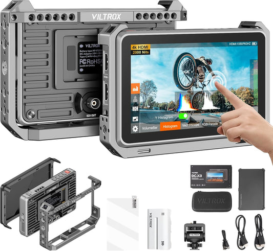VILTROX DC-X3 DCX3 Rig Cage Kit Camera Field Monitor Touchscreen 2000Nit 6 inch 4K HDMI Camera Monitor met batterij Full HD 1920x1080 IPS 3D LUT met zonnekap voor Sony Canon Nikon DSLR