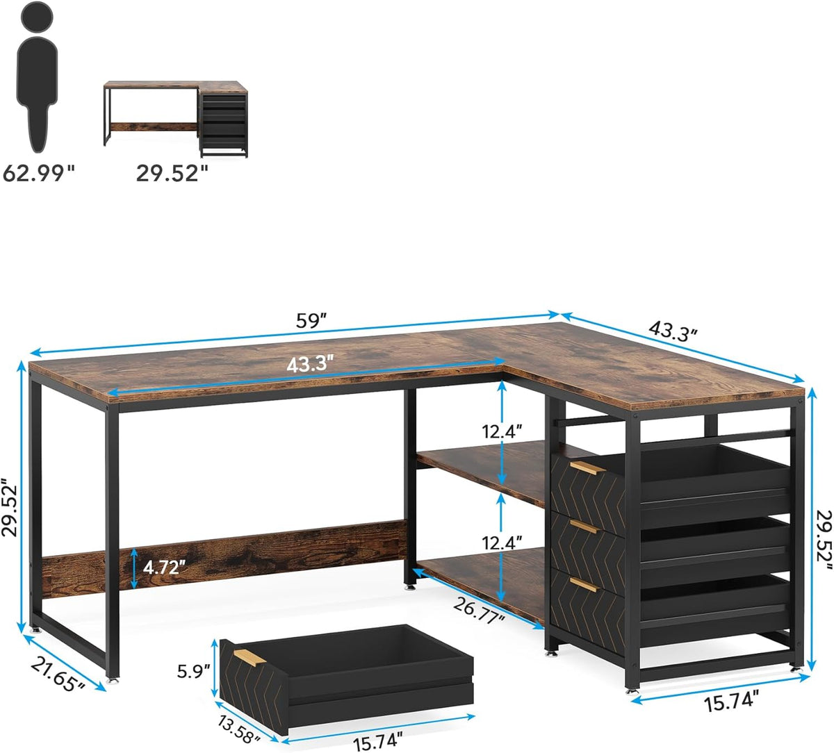 Tribesigns L-Shaped Computer Desk with Storage Drawers, 59 Inch Corner Desk with Shelves, Reversible L Shape Office Desk, Study Writing Desk, Home Office Workstation, Brown
