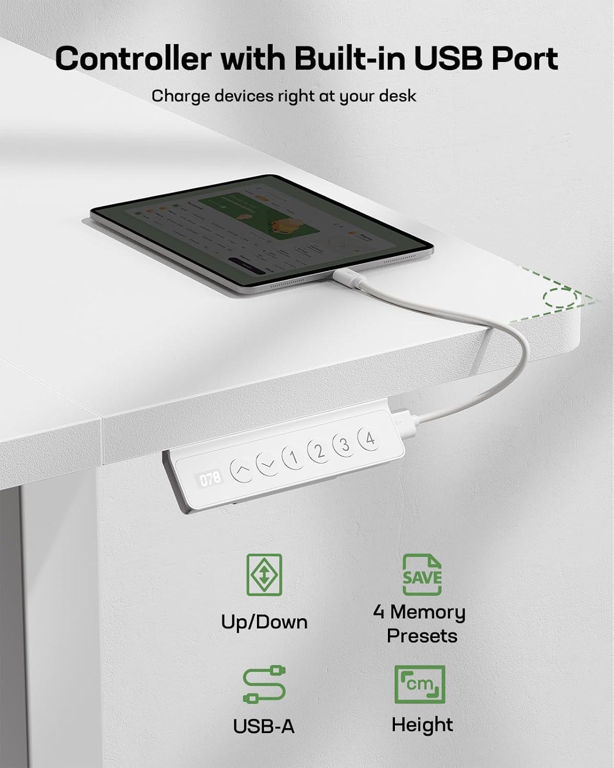 Marsail Elektrisch sta-bureau met USB-A-oplaadpoort, 160 x 80 cm in hoogte verstelbaar zit-sta bureau met 4 aangepaste hoogteinstellingen, 80 kg maximale belasting, stabiel tillen, opberghaken en