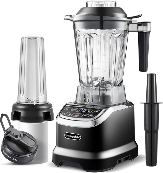 AMZCHEF Blender Smoothie Maker Twee Blending Containers - Smoothiemaker High Performance Mixer met LED - 1200W 20000 RPM Elektrische Juicer Blender - 6 Pro-Sharp 3D Blades - Zwart