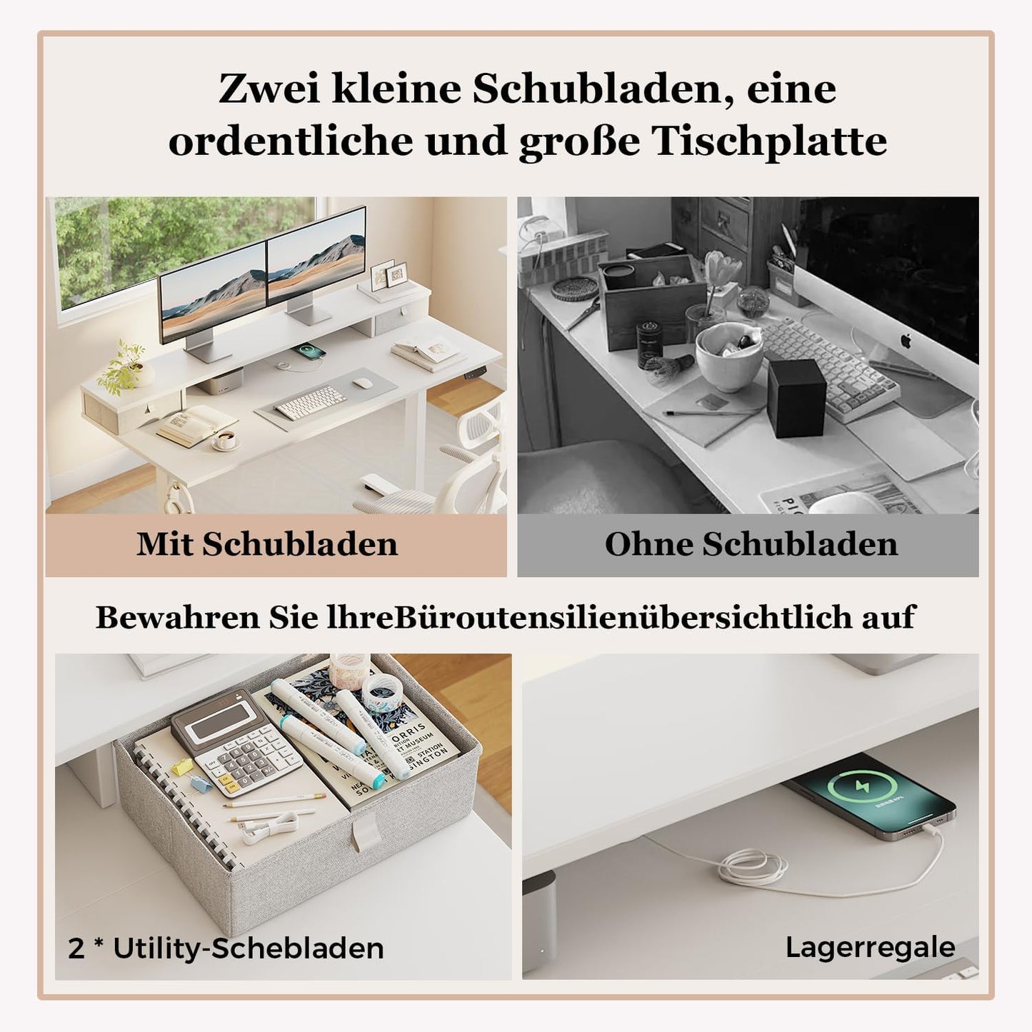 Klicelor Verstelbaar Bureau in Hoogte met Dubbele Lades, Elektrisch Verstelbaar Bureaux in Hoogte, Ergonomisch Sta bureau, 160x60, Wit