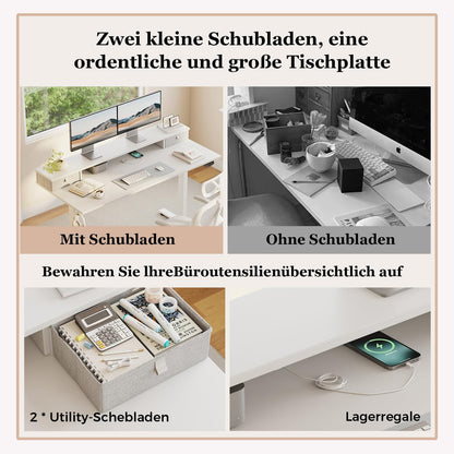Klicelor Verstelbaar Bureau in Hoogte met Dubbele Lades, Elektrisch Verstelbaar Bureaux in Hoogte, Ergonomisch Sta bureau, 160x60, Wit