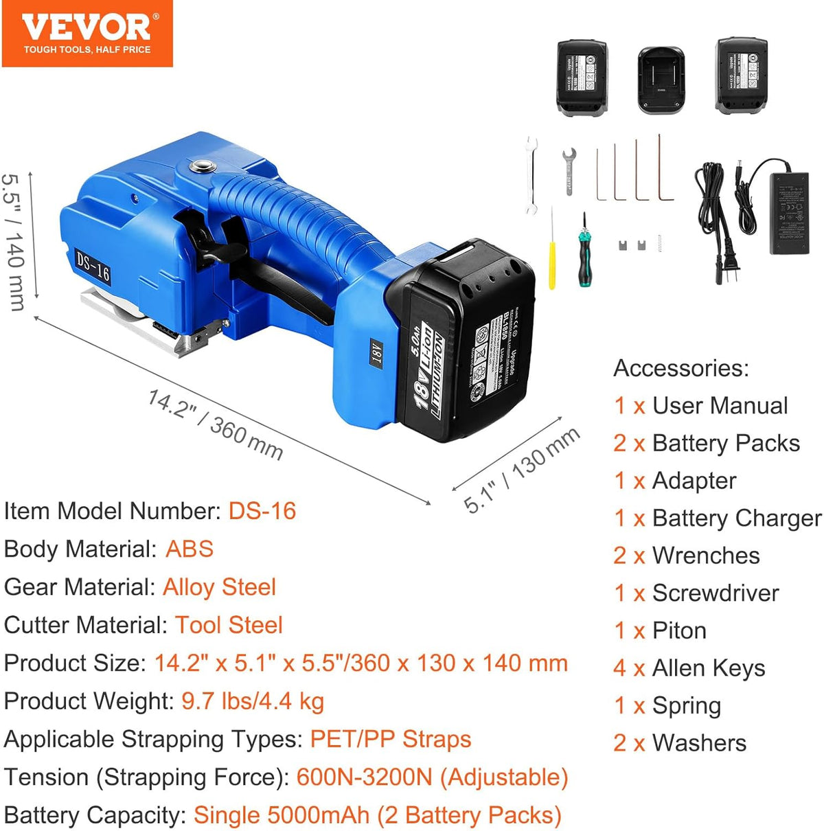 VEVOR Electric Strapping Machine for PP PET 1-1.5 cm, Portable Strapping Tool with Digital Display, Automatic, Battery Operated, for Pallet Packaging