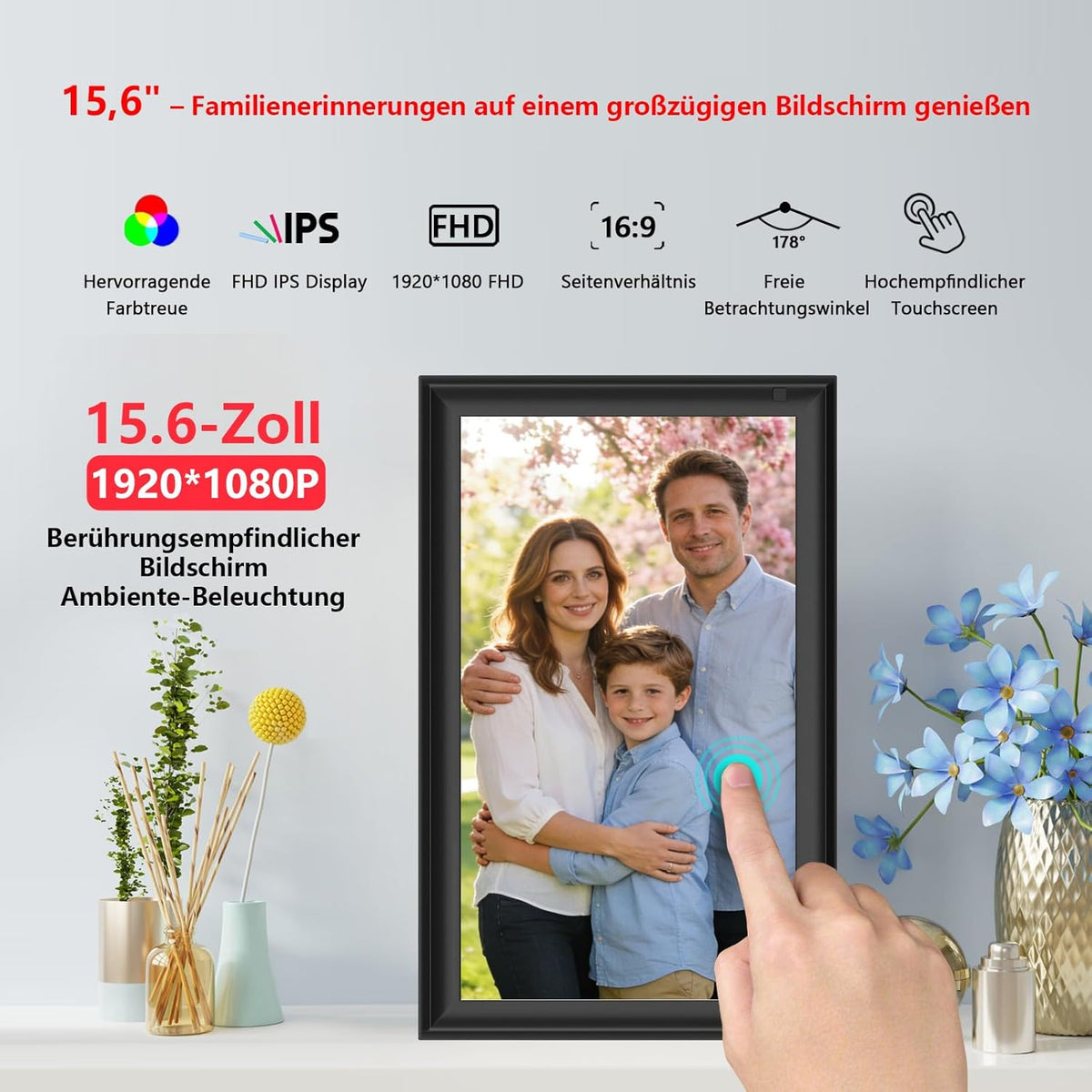 Frameo Digitale fotolijst, 32 GB, 32 GB, wifi, 32 GB, touchscreen, auto-rotatie, wandmontage, foto's/video's direct delen via FRAMEO app