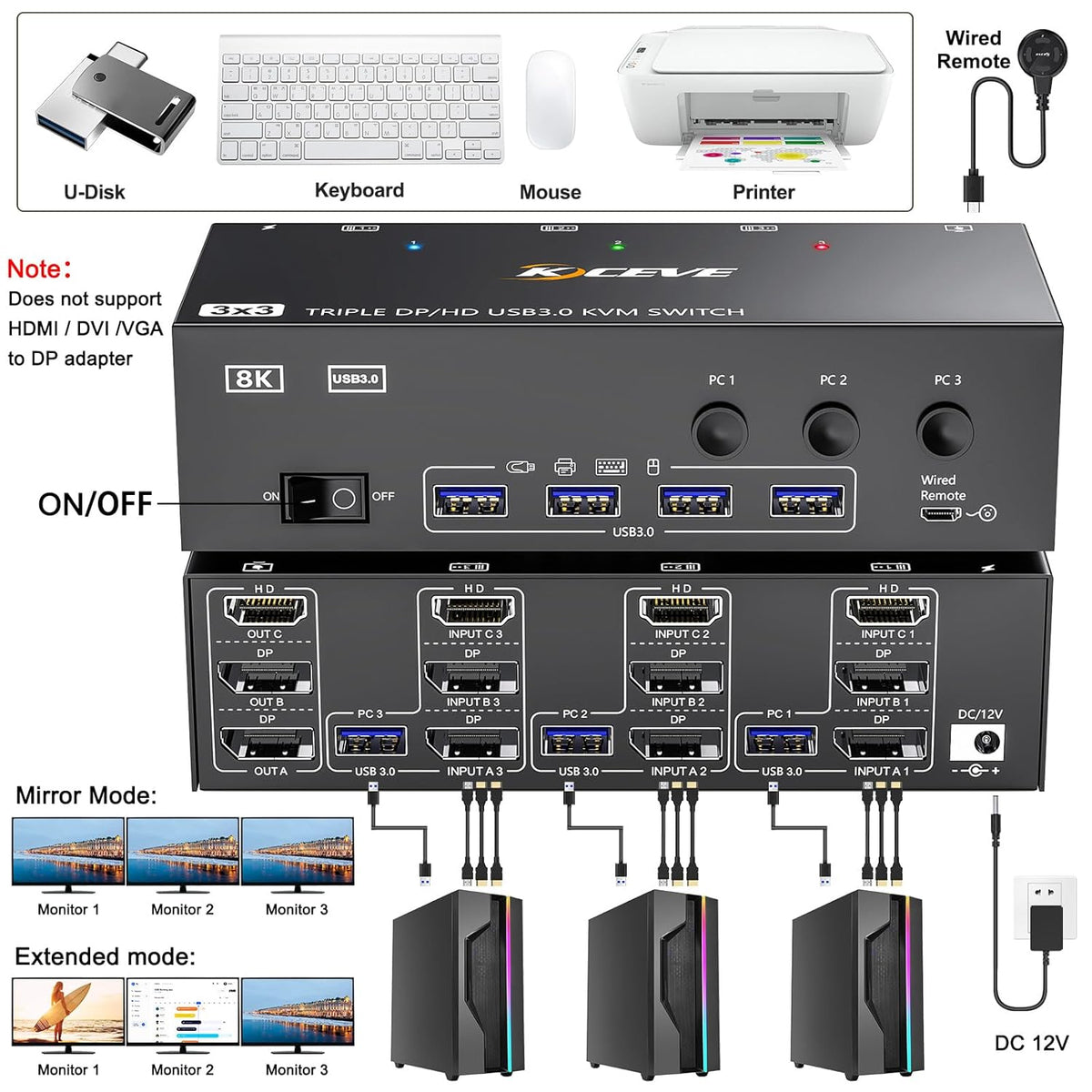USB 3.0 KVM Switch 3 Monitors 3 Computers HDMI+DP+DP 3 Port, Triple Monitor KVM Switch 8K@60Hz 4K@144Hz for 3 Computers Share 4 USB 3.0 Devices Mouse Keyboard