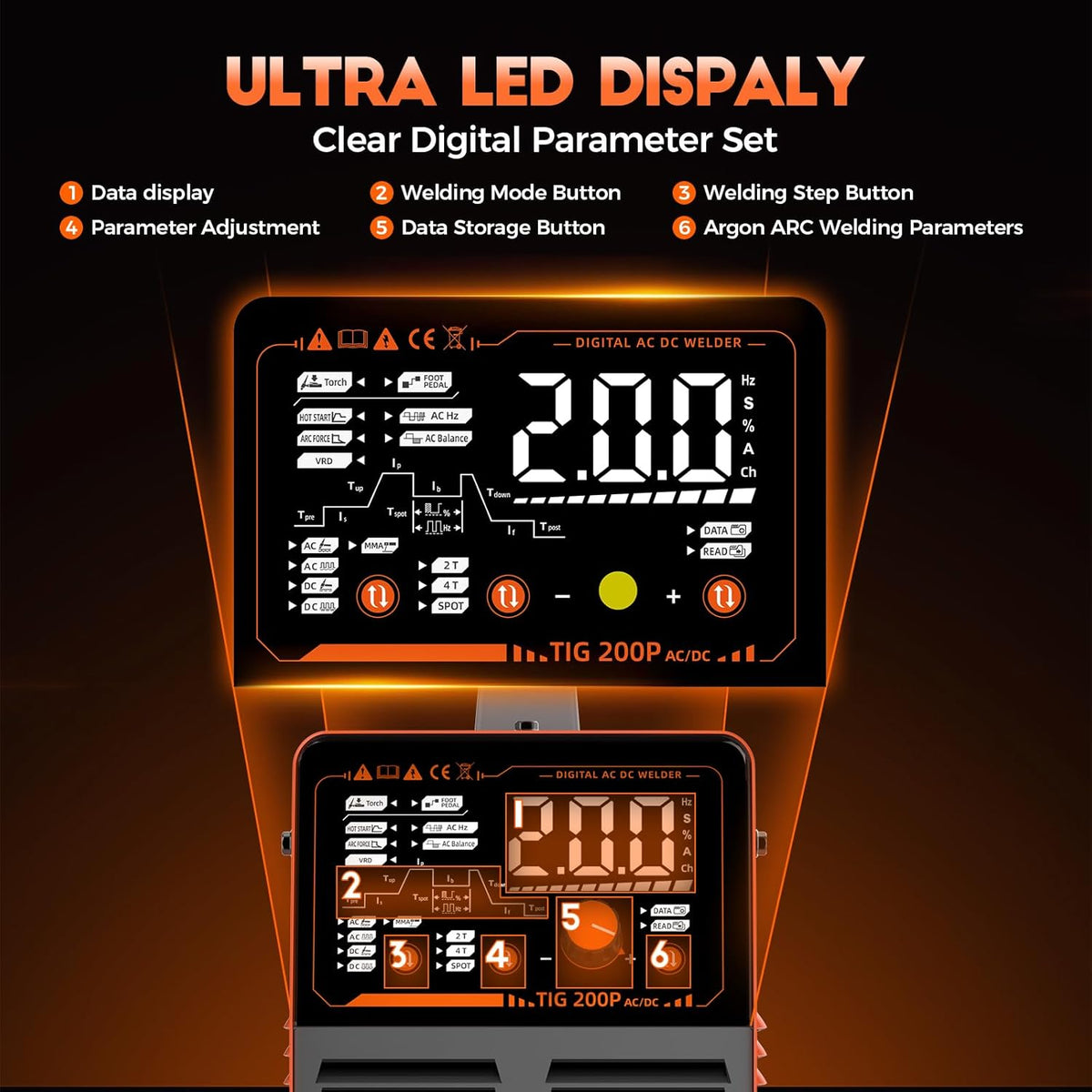 WIG IGBT Lasapparaat, AC/DC, 230 V, 200 A, inverter-lasapparaat, IGBT puls aluminium lasapparaat, 7-in-1 elektroden lasapparaat met digitaal led-display en WP26 WIG-brander, roestvrij staal, aluminium