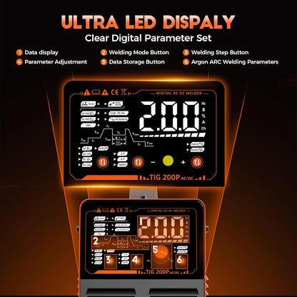 WIG IGBT Lasapparaat, AC/DC, 230 V, 200 A, inverter-lasapparaat, IGBT puls aluminium lasapparaat, 7-in-1 elektroden lasapparaat met digitaal led-display en WP26 WIG-brander, roestvrij staal, aluminium