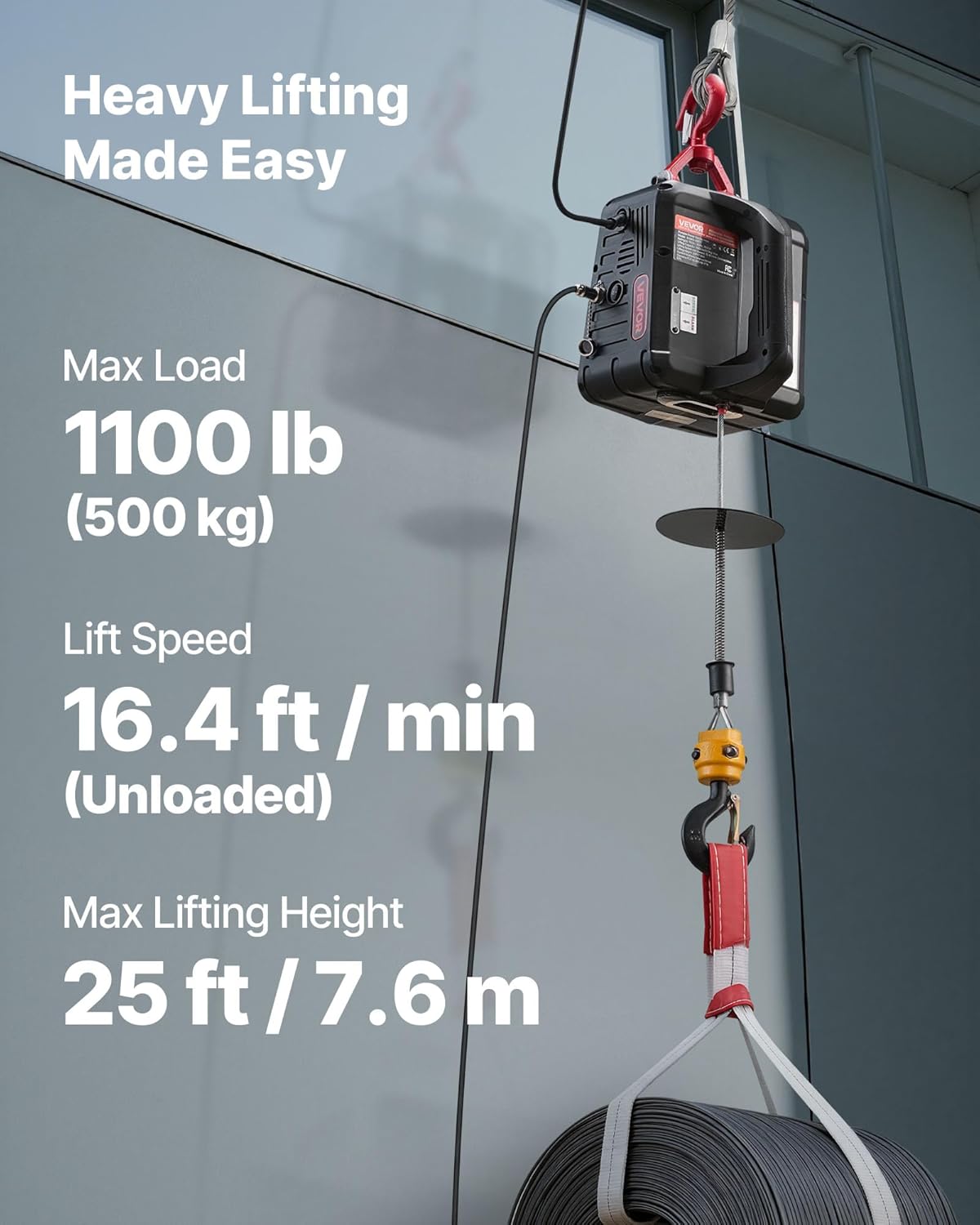 VEVOR Elektrische kabellier, 2-in-1, 500 kg, 1500 W kabel, 7,6 m hefhoogte, 5 m/min hefsnelheid, met handmatige en bekabelde afstandsbediening, voor fabriek, magazijn en garage