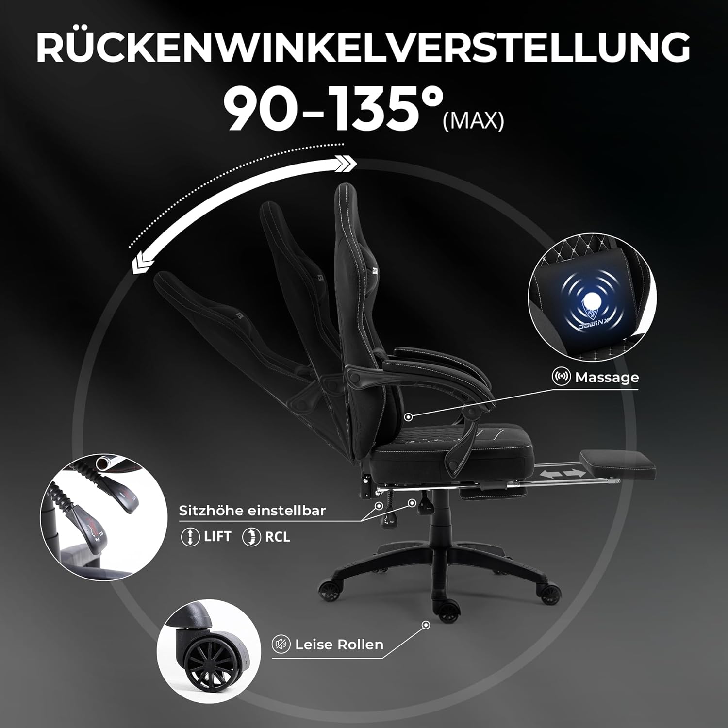 Dowinx Gaming Chair with Pocket Spring Cushion, Massage Gaming Chair with Footrest, Ergonomic Racing Gamer Chair, Maximum Load 150 kg, Black - QUORE