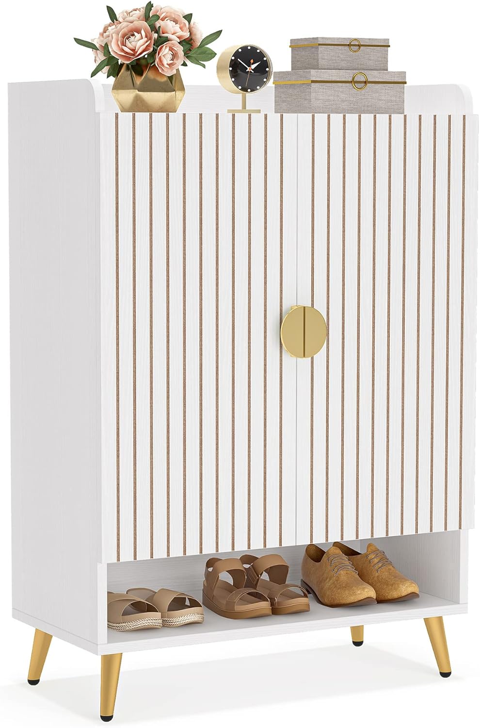 Tribesigns Shoe Cabinet with Doors, 6 Tier Shoe Storage Cabinet with Adjustable Shelves, Wooden Shoe Rack, Shoe Storage for Entrance, Hallway, Closet, Living Room, White and Gold
