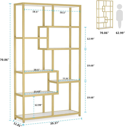 Tribesigns 8 Open Level Bookcase Gold Marble Look Modern Bookcase Organizer for Home Office