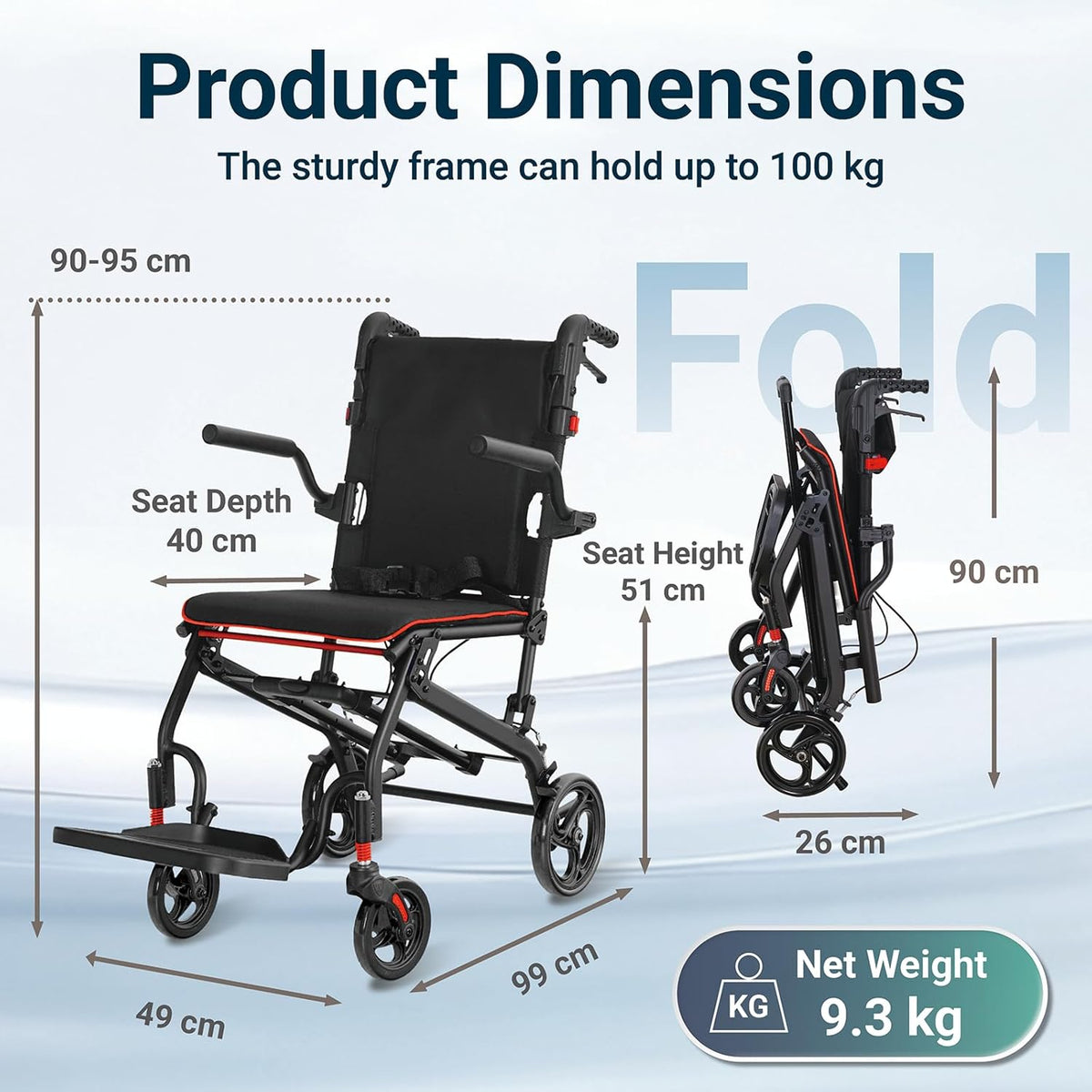 Rolstoel, opvouwbaar, licht, aluminium, inklapbaar, transport, rolstoelen, smalle rolstoel, ergonomisch design, compact voor reizen en woning, belastbaarheid 100 kg (Zwart)