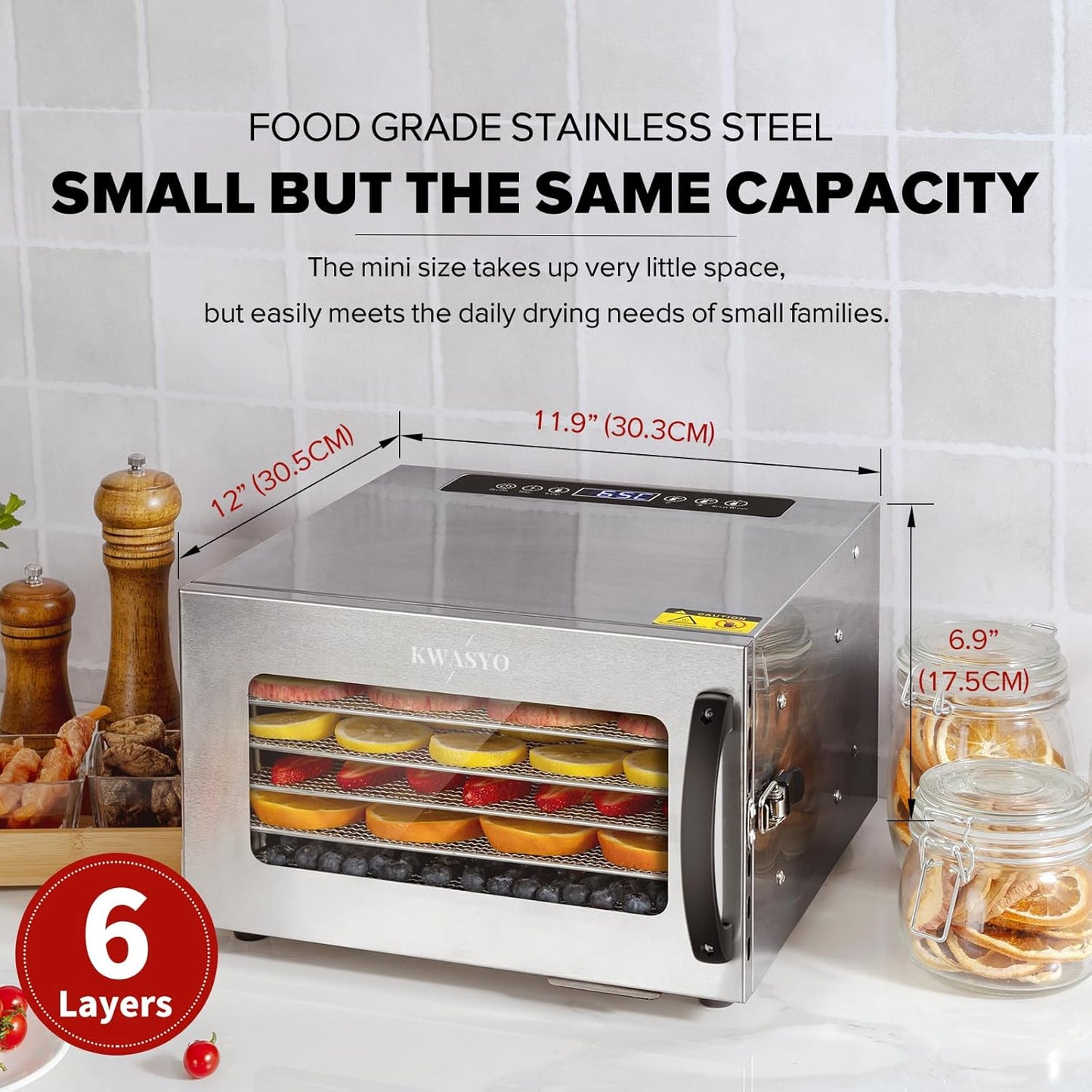 Kwasyo Voedseldroger, BPA-vrij, 30~90 ℃ temperatuurinstelling, max. 24 uur, fruitdroger met gratis receptenboek, droogautomaat voor fruit, groenten, vlees en chili-400W