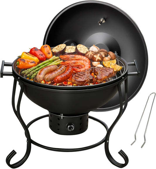 Houtskoolgrill met instelbare ventilator, 45,7 cm (45,7 cm), draagbare campinggrill, gemakkelijk aan te steken houtskool, kleine tafelgrill, campinggrill met deksel, voor tuin, camping, tailgates