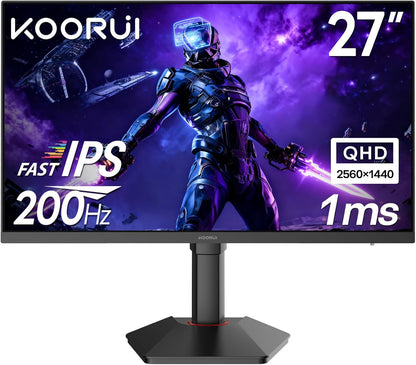 KOORUI G2722P Gaming PC Monitor 27 inch 200 Hz, QHD 2560 x 1440, Fast IPS 1ms, HDR400, 95% DCI-P3, Adaptive Sync, Height Adjustable, HDMI 2.0 & DP 1.4, Eye Care - QUORE