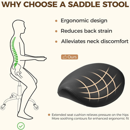 BEWISHOME Ergonomische Zadelkruk met Wieltjes, Hydraulisch in Hoogte Verstelbaar, Groot Zitkussen, Kapsalons, Schoonheidssalons, Massageklinieken en Spa's (Zwart)