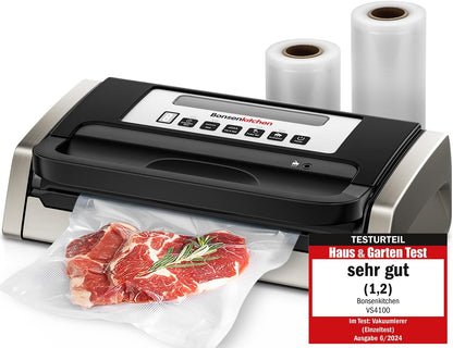 Bonsenkitchen Vacuümmachine, 15 l/min hoge prestaties, testwinnaar zeer goed, duurzaamheidscertificering, design met handgreep vergrendeling en geïntegreerde snijder, incl. 2 rollen vacuümrollen