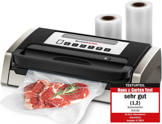 Bonsenkitchen Vacuümmachine, 15 l/min hoge prestaties, testwinnaar zeer goed, duurzaamheidscertificering, design met handgreep vergrendeling en geïntegreerde snijder, incl. 2 rollen vacuümrollen