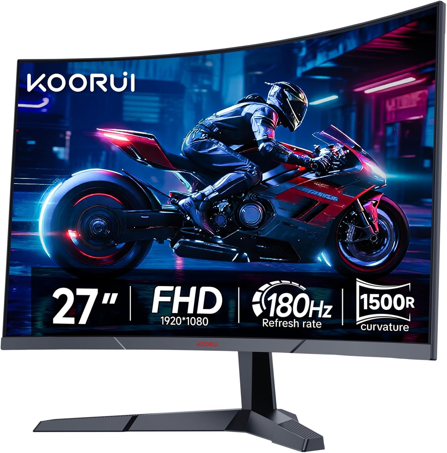KOORUI 27 Zoll Curved Gaming Monitor 180Hz, 1ms, 1920x1080, FHD, 1500R, Adaptive-Sync, HDR10, VESA, inklusive DP and HDMI Cable - QUORE