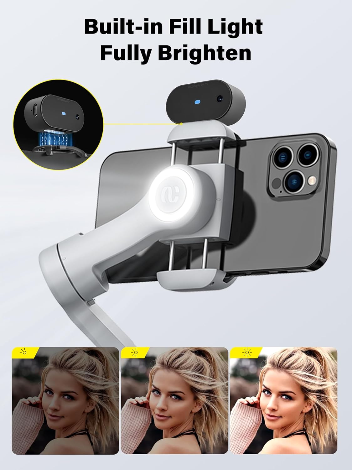 Gimbal Stabilizer voor Smartphone AI-tracking (geen app), 3-assige gimbal met OLED-display/ingebouwd licht, stabilisator voor iPhone en Android, AOCHUAN X Pro Grey AI-versie