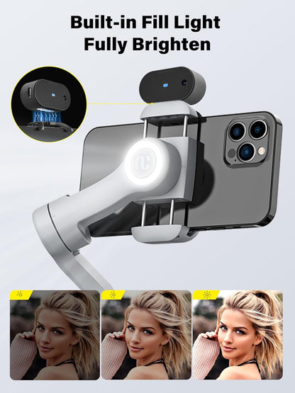 Gimbal Stabilizer voor Smartphone AI-tracking (geen app), 3-assige gimbal met OLED-display/ingebouwd licht, stabilisator voor iPhone en Android, AOCHUAN X Pro Grey AI-versie