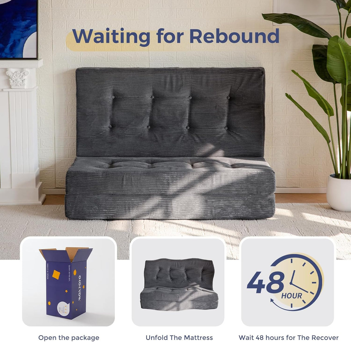 MAXYOYO Opvouwbaar matras, eenpersoons, comfortabel opvouwbaar corduroy matras met 15 cm dik schuim, drievoudig opvouwbare futon slaapbank voor gasten, 90x190cm